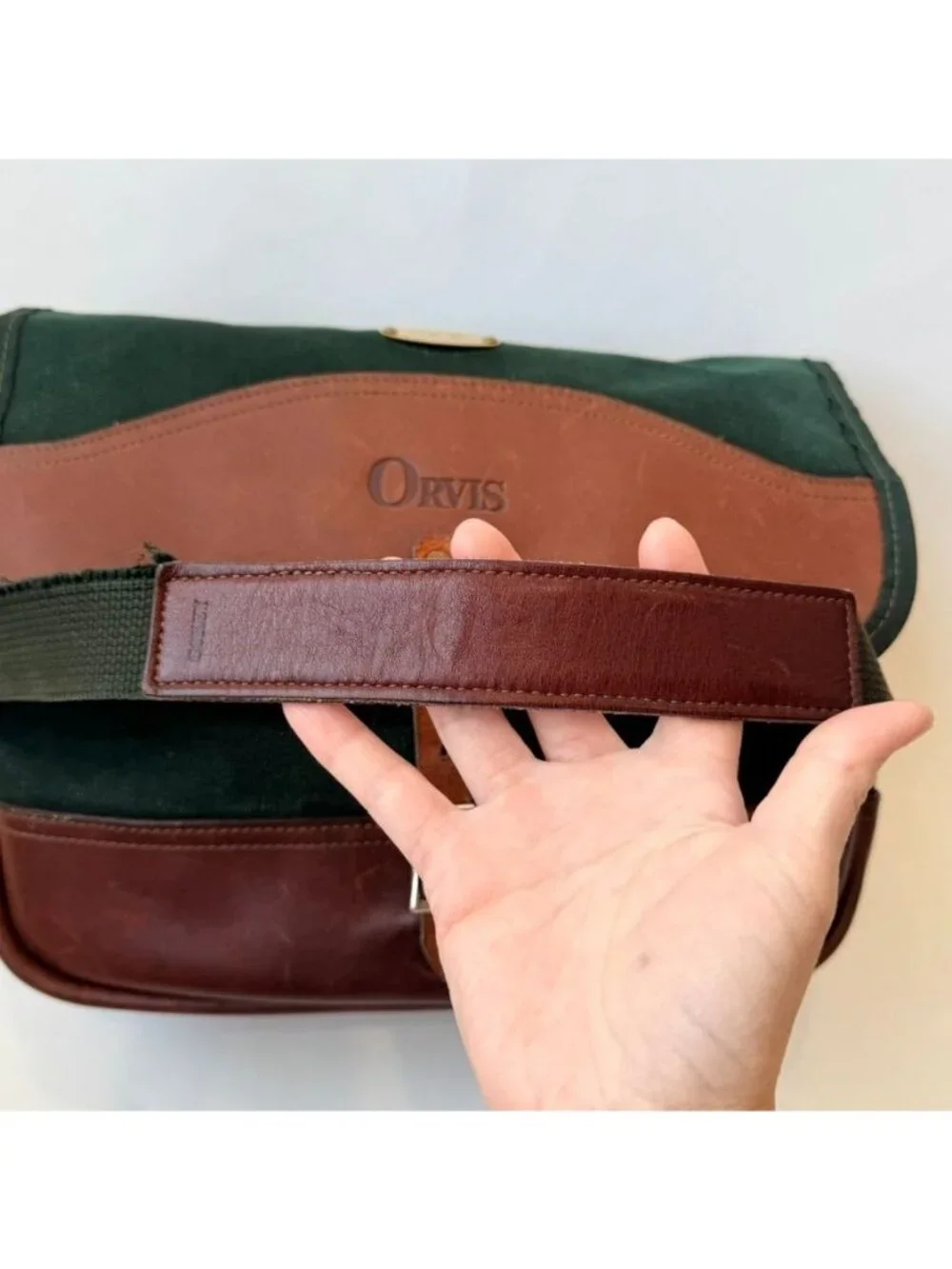 Orvis Vintage Leather Canvas Messenger Bag Green Brown Crossbody Satchel
